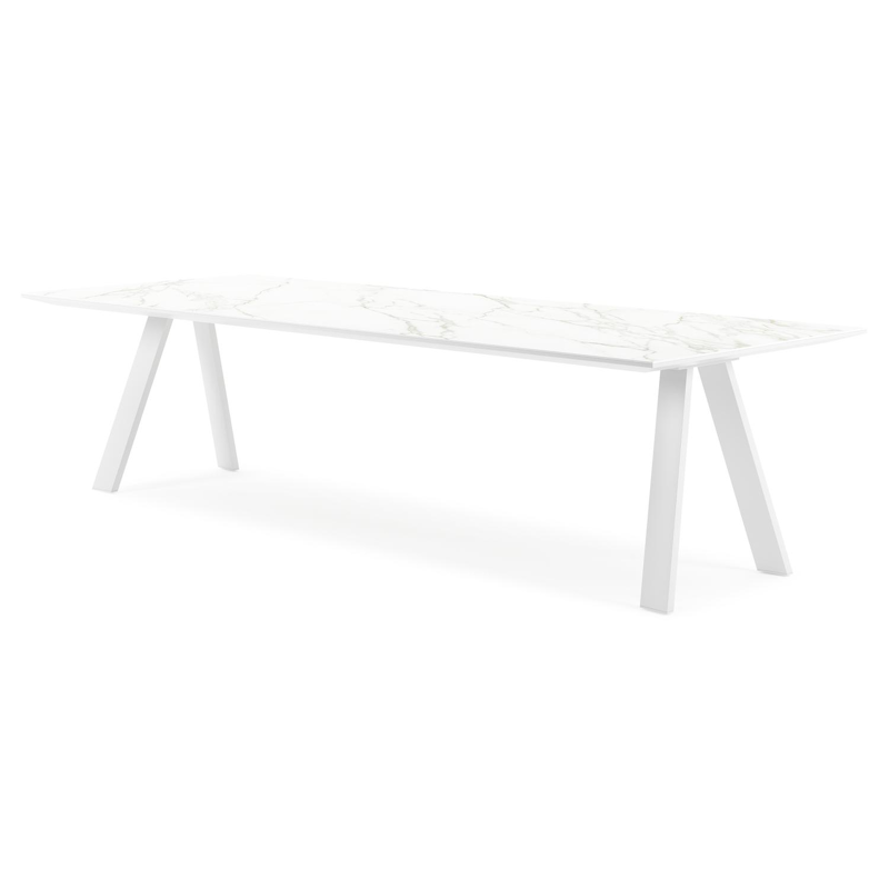 Table de jardin Cesano en aluminium blanc et céramique pleine calacatta - Lg 280 x Larg. 110 x H 75 cm