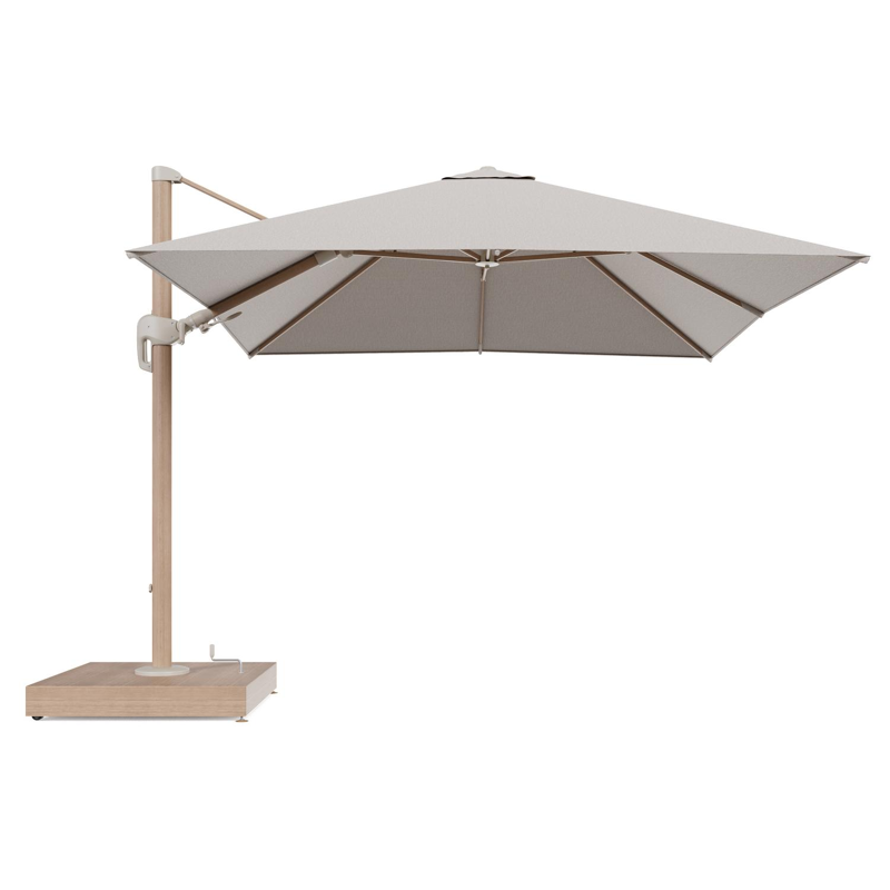 Rufina zweefparasol met tiltfunctie in houtlook aluminium en Slow Farafra All Weather Sunbrella® Luxe parasoldoek - L1 300 x L2 300 cm met parasolvoet Minore 260 kg met wielen