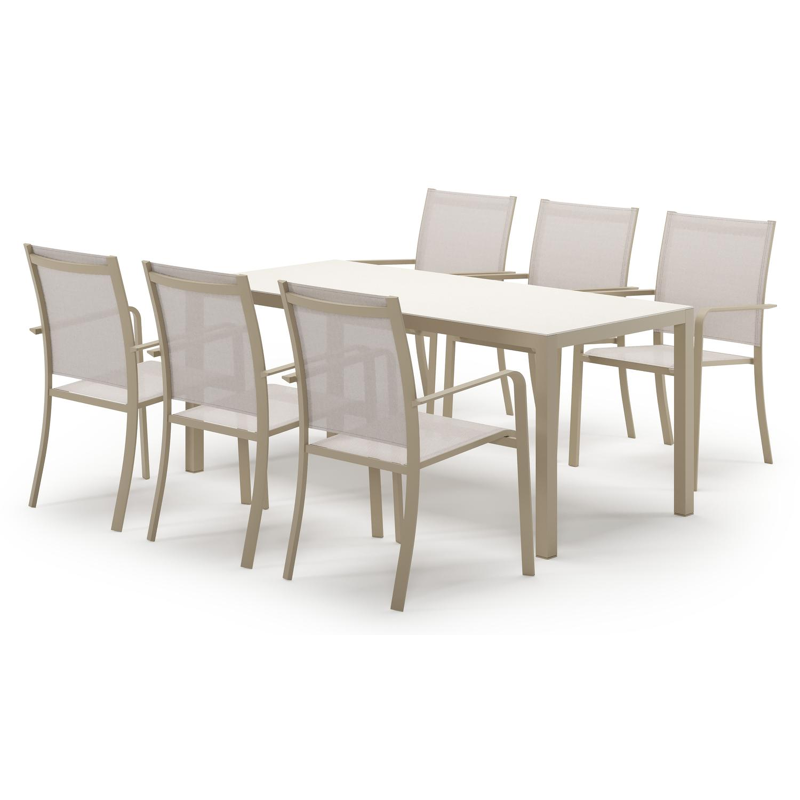 Ensemble de jardin Feltro en aluminium beige et sintered stone crema minerale avec 6 chaises de jardin empilable Calobra