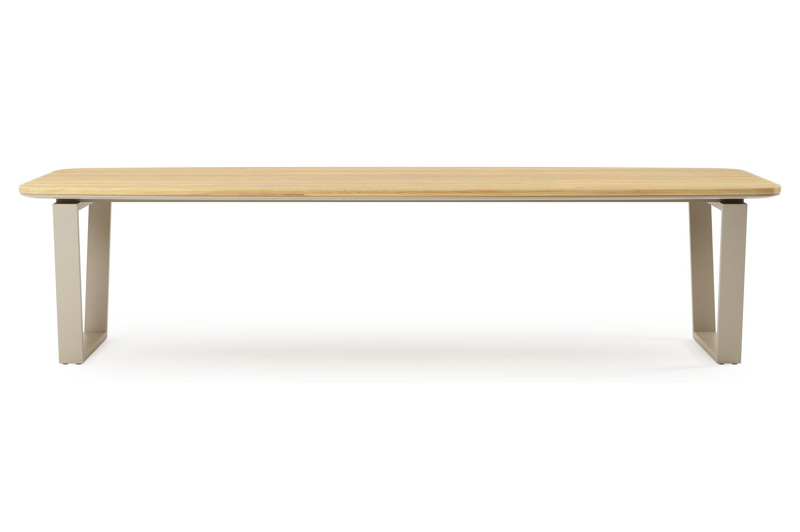 Table de jardin Pagino forme de bateau en aluminium beige et teck Lg. 315 x Lrg. 115 x Haut. 73 cm