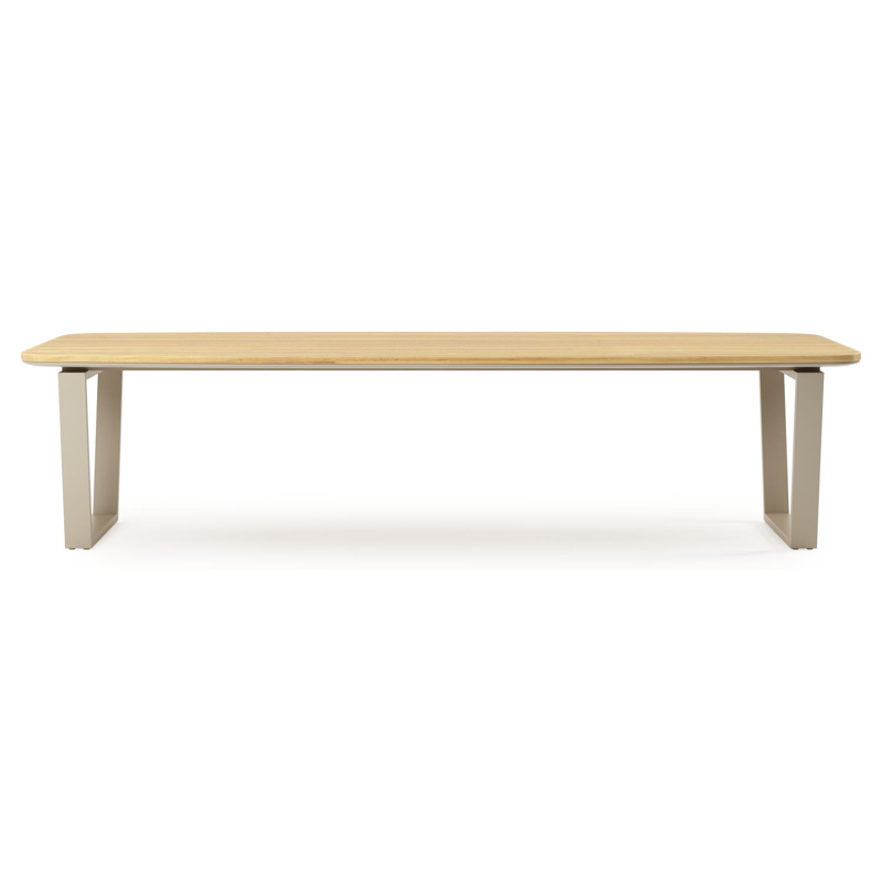 Table de jardin Pagino forme de bateau en aluminium beige et teck Lg. 315 x Lrg. 115 x Haut. 73 cm