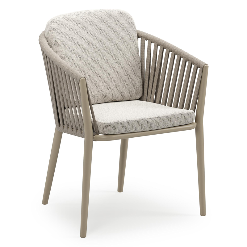Chaise de jardin empilable Orso en aluminium beige et corde large plate de luxe tissée verticalement beige avec coussin en All Weather Solica Firenze Natural