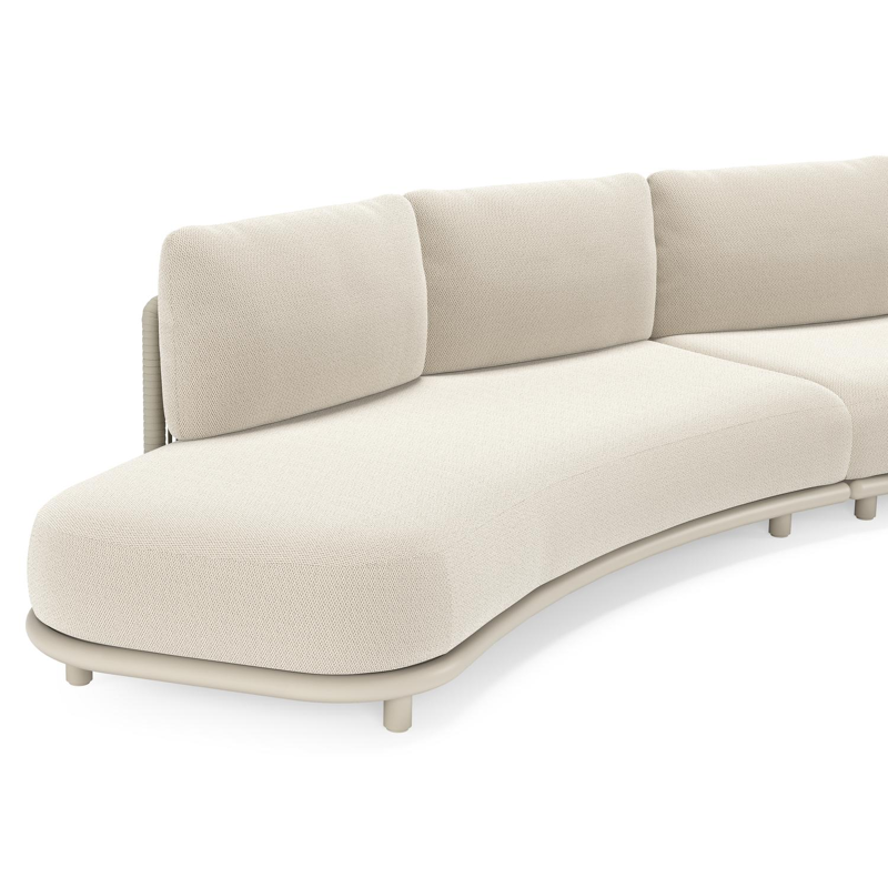 Lomano loungehoek in beige aluminium en beige verticaal geweven luxe vlakke rope met Lopi Marble all weather sunbrella® luxe