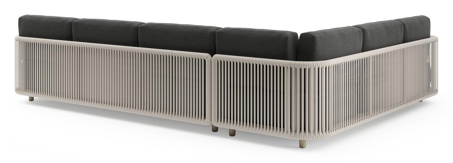 Organo loungehoek in beige aluminium en beige verticaal geweven luxe vlakke rope met chartres sooty all weather sunbrella® luxe kussens