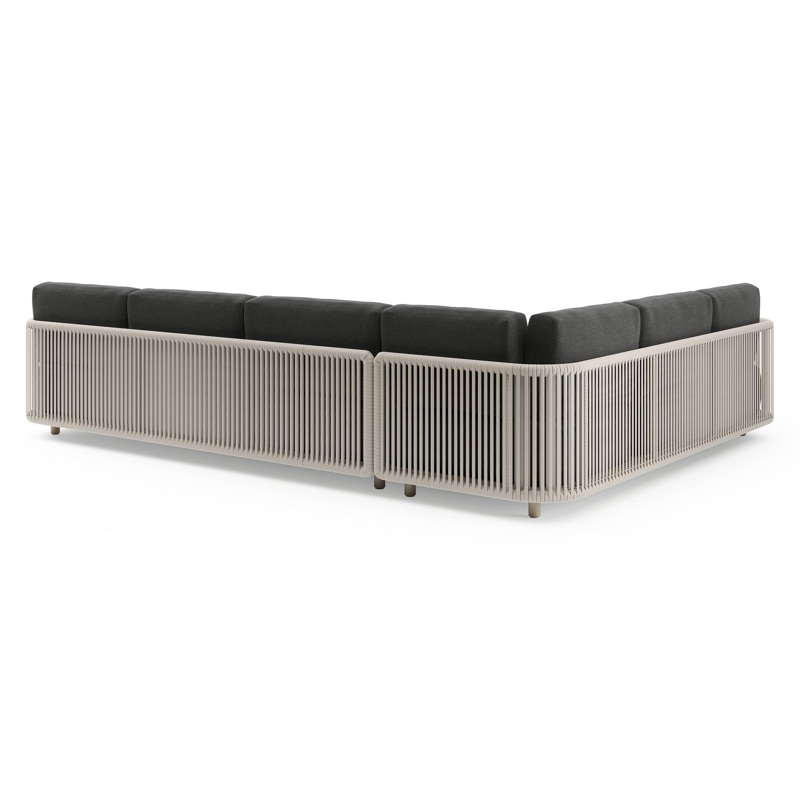 Organo loungehoek in beige aluminium en beige verticaal geweven luxe vlakke rope met chartres sooty all weather sunbrella® luxe kussens