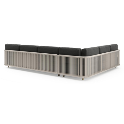 Organo loungehoek in beige aluminium en beige verticaal geweven luxe vlakke rope met chartres sooty all weather sunbrella® luxe kussens