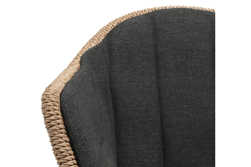 Pagino tuinstoel in zwart aluminium en naturel ronde wicker met kussen in chartres sooty all weather sunbrella® luxe