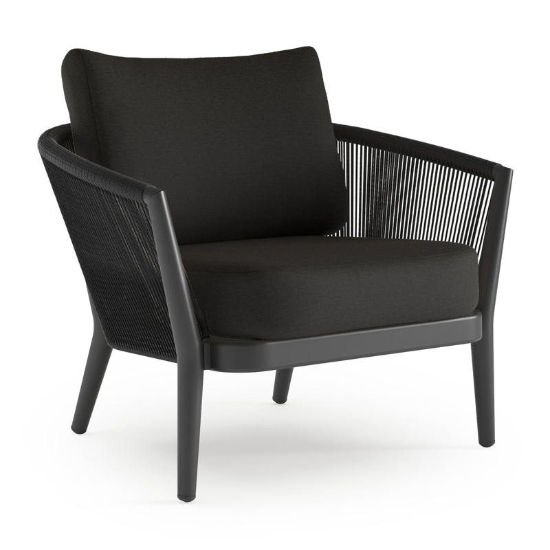 Fauteuil de jardin Orso en aluminium noir en corde ronde tissée verticalement noir et coussins en all weather sunbrella® luxe Heritage char