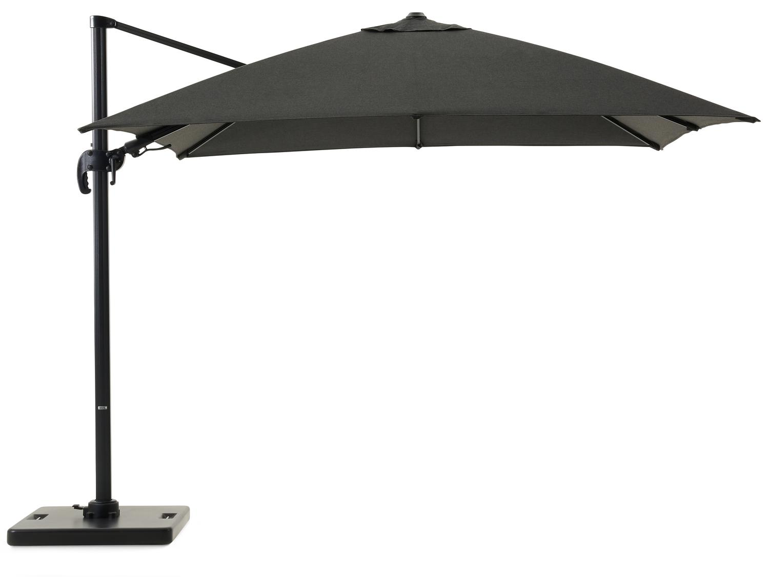 Avola zweefparasol met tiltfunctie in zwart aluminium en Natte Sooty Sunbrella® Premium parasoldoek - L1 300 x L2 300 cm met Pedito parasolvoet 120 kg