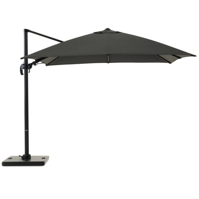 Avola zweefparasol met tiltfunctie in zwart aluminium en Natte Sooty Sunbrella® Premium parasoldoek - L1 300 x L2 300 cm met Pedito parasolvoet 120 kg