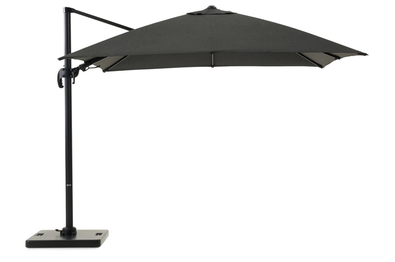 Avola zweefparasol met tiltfunctie in zwart aluminium en Natte Sooty Sunbrella® Premium parasoldoek - L1 300 x L2 300 cm met Pedito parasolvoet 120 kg