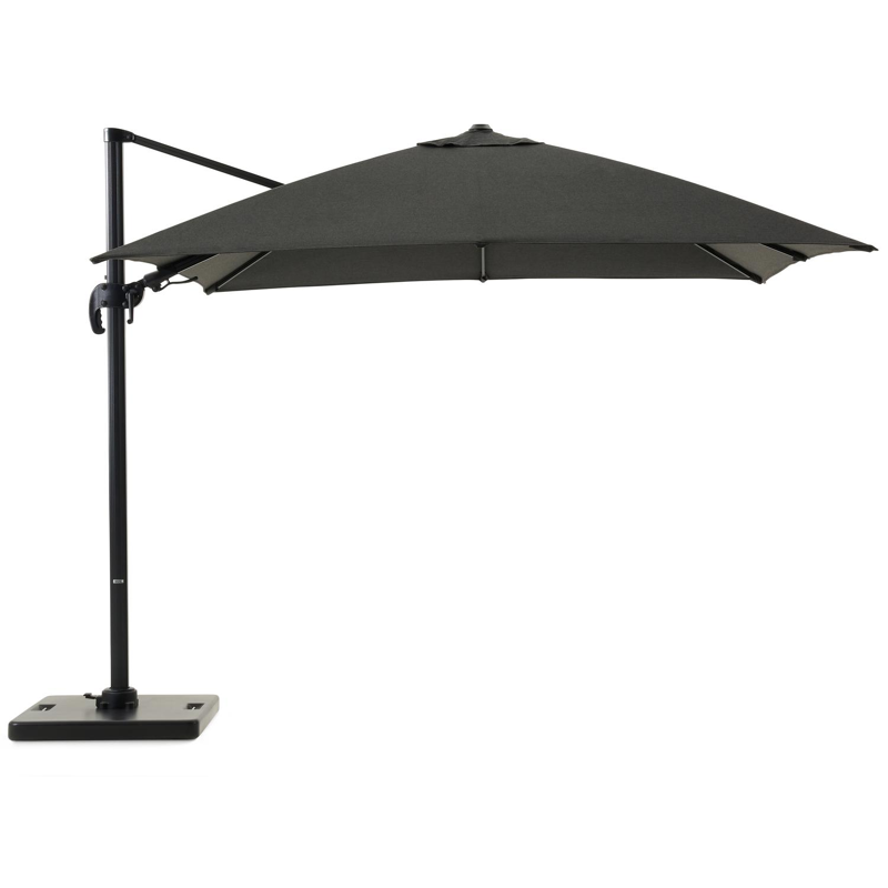 Avola zweefparasol met tiltfunctie in zwart aluminium en Natte Sooty Sunbrella® Premium parasoldoek - L1 300 x L2 300 cm met Pedito parasolvoet 120 kg