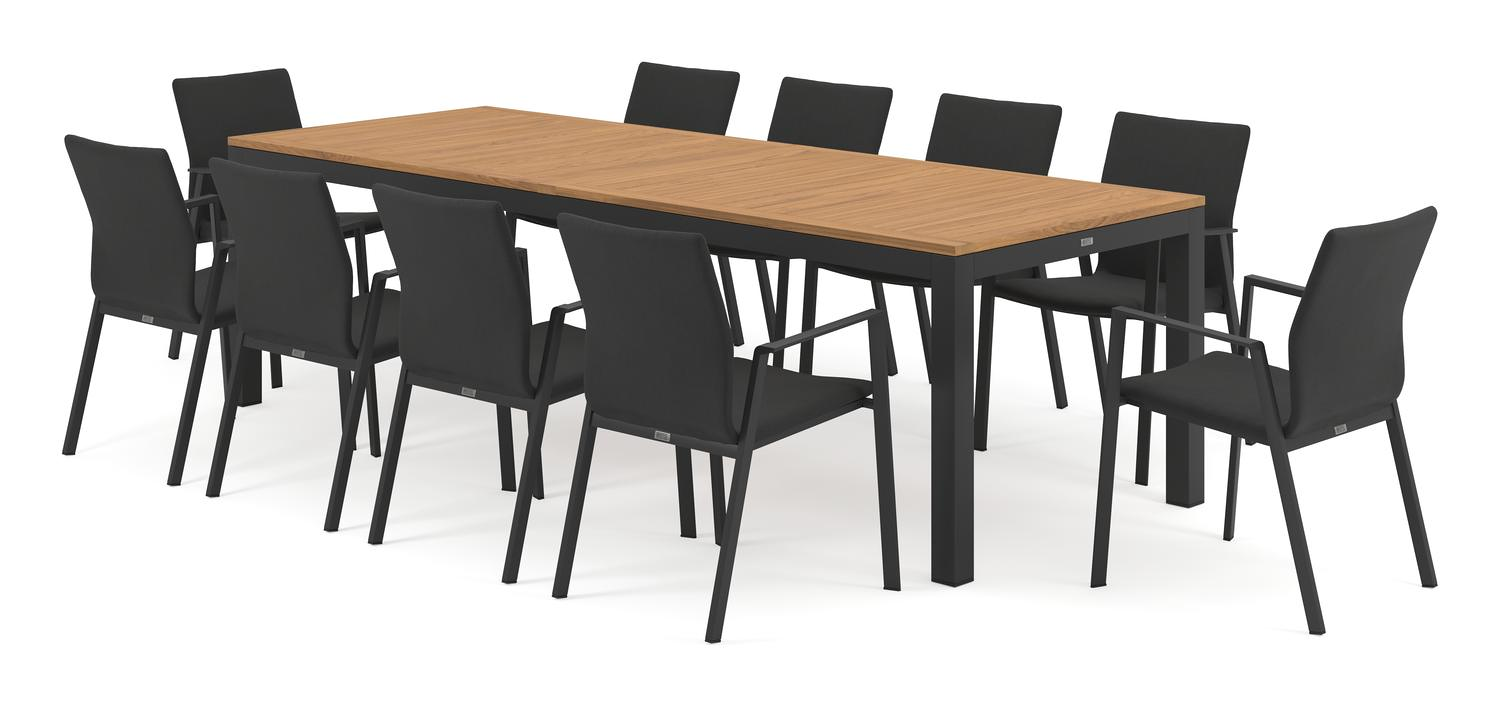 Varese tuinset in zwart aluminium en naturel teak tafelblad met 10 stapelbare Madura tuinstoelen