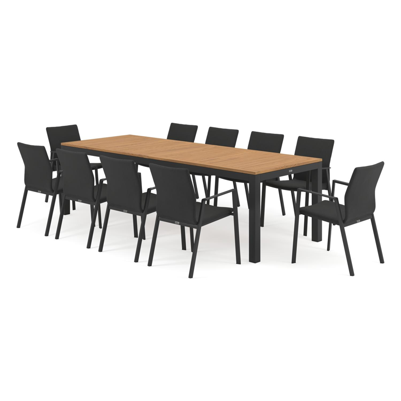 Varese tuinset in zwart aluminium en naturel teak tafelblad met 10 stapelbare Madura tuinstoelen