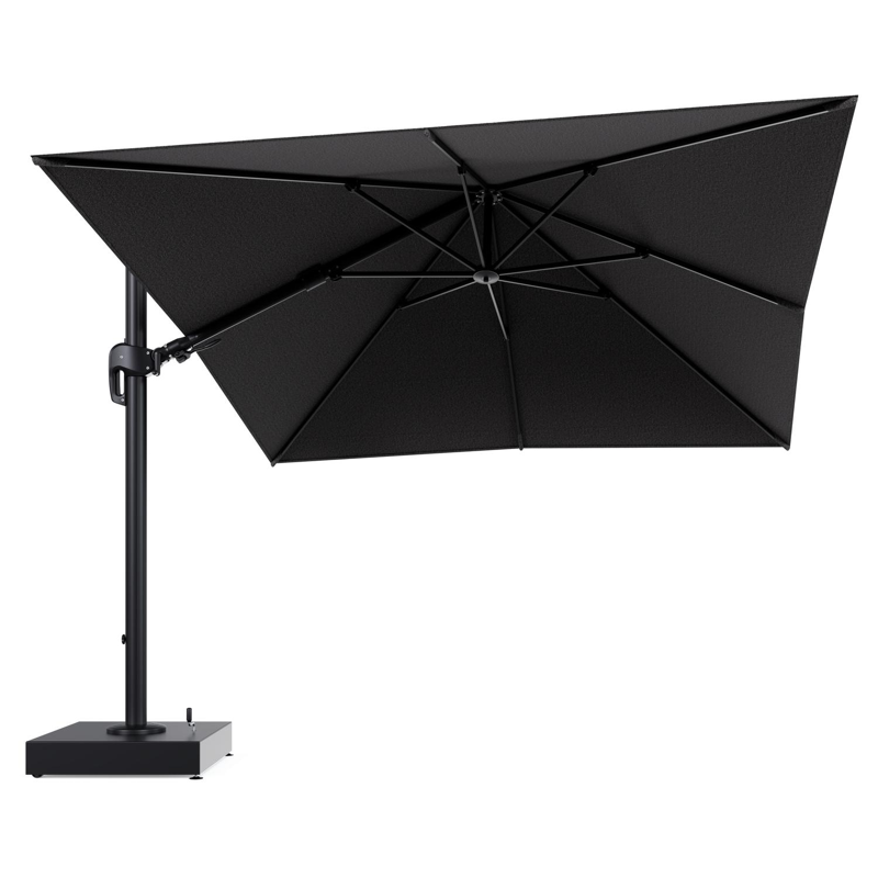 Rufina zweefparasol met tiltfunctie in zwart aluminium en Firenze Tunder All Weather Solica parasoldoek - L1 300 x L2 300 cm met parasolvoet Minore 150 kg met wielen