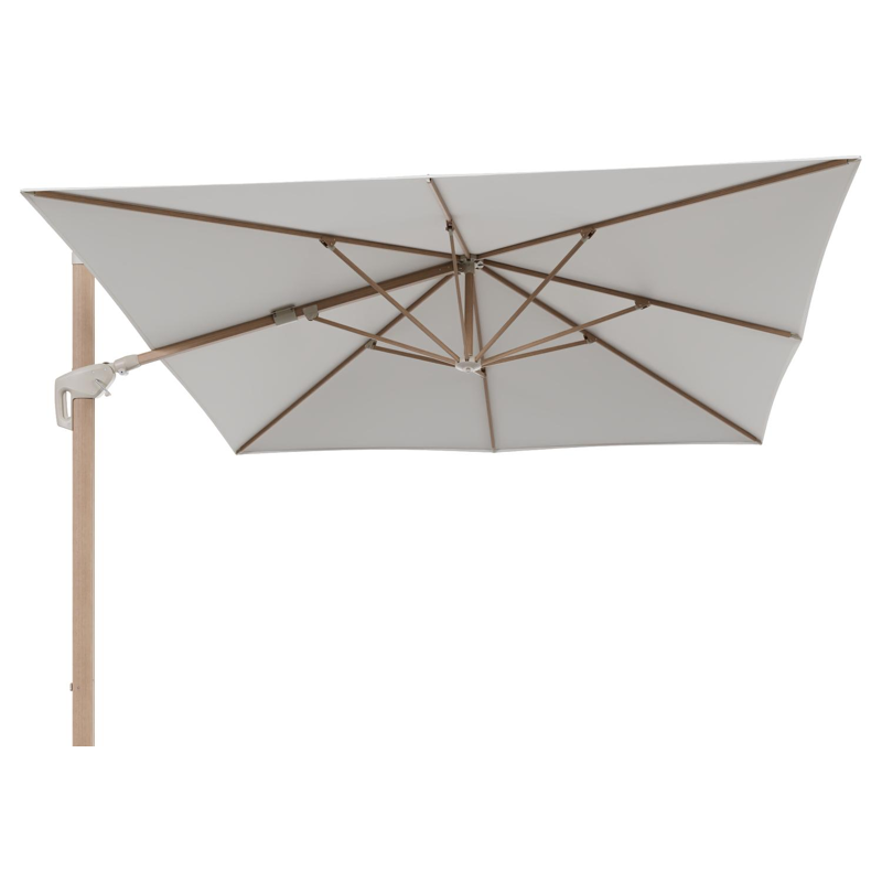 Parasol pendant Minore avec fonction tilt en aluminium aspect de bois et toile de parasol All Weather Sunbrella® Luxe Natte White - Lg.1: 350 x Lg.2: 350 cm (sans pied de parasol