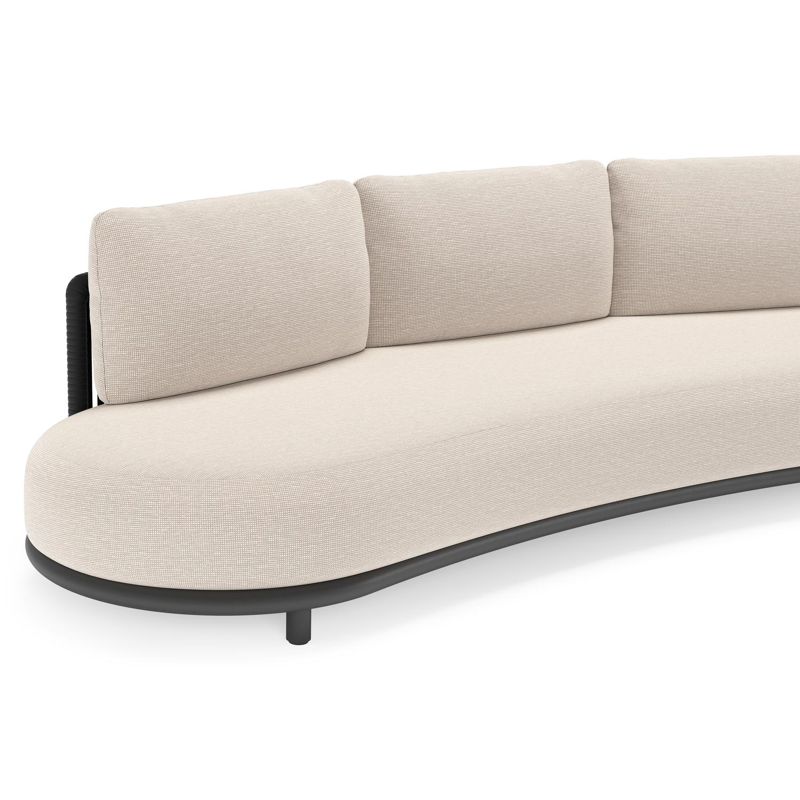 Canapé de jardin Lomano en aluminium noir et corde luxe plate tissée verticalement noir et coussins en all weather sunbrella® luxe slow farafra
