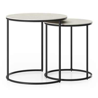 Set van 2 Fano loungetafels in zwart aluminium met volkeramiek Shilin - tafel 1: dia 50 x H 50, tafel 2: dia 40 x H 45 cm