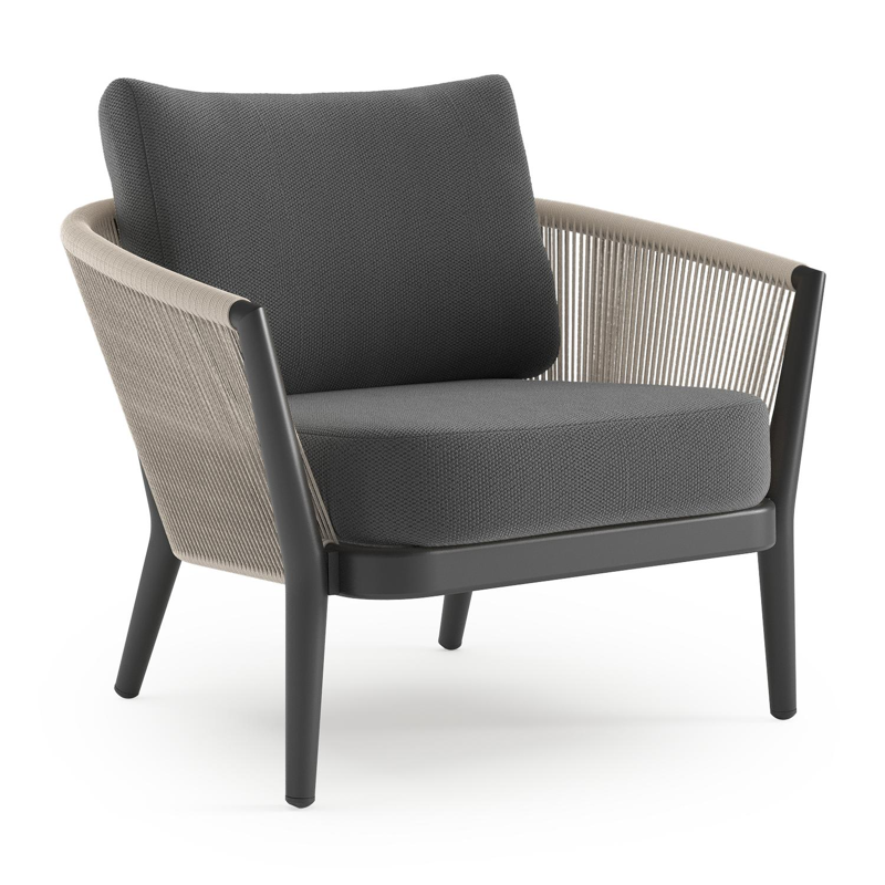 Orso loungestoel in zwart aluminium en beige verticaal geweven ronde rope met Lopi Shadow all weather sunbrella® luxe kussen