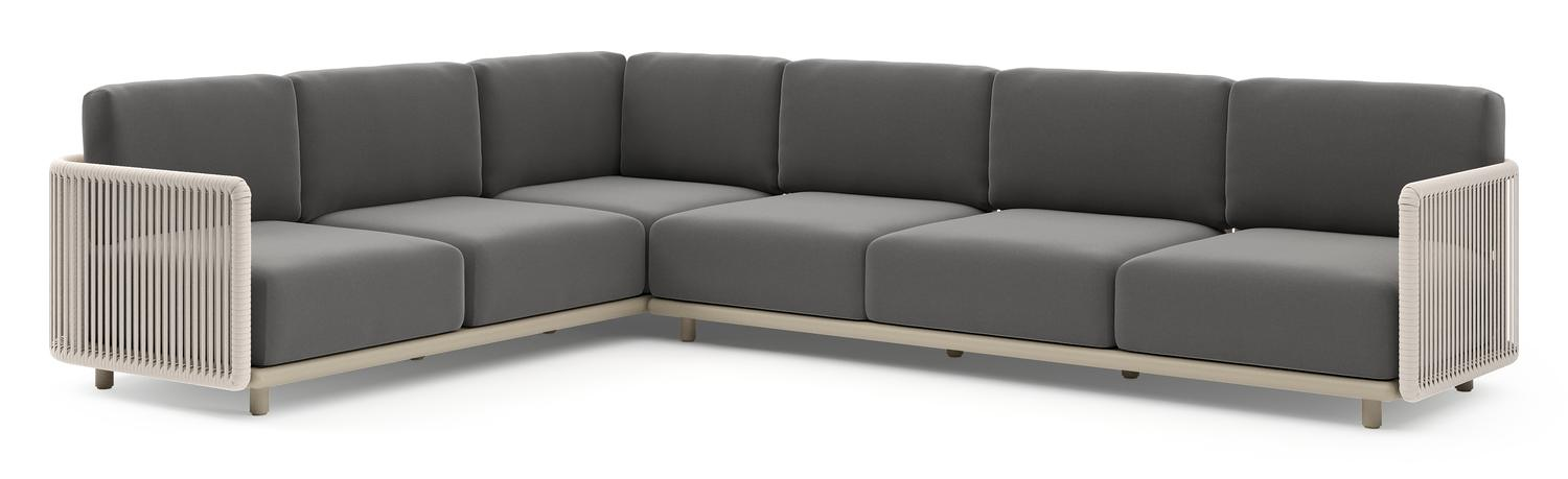 Organo loungehoek in beige aluminium en beige verticaal geweven luxe vlakke rope met natte charcoal chine all weather Sunbrella® luxe kussen