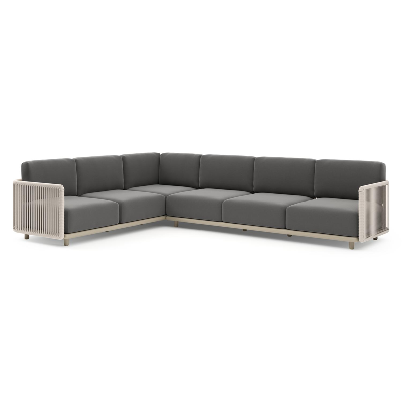 Organo loungehoek in beige aluminium en beige verticaal geweven luxe vlakke rope met natte charcoal chine all weather Sunbrella® luxe kussen