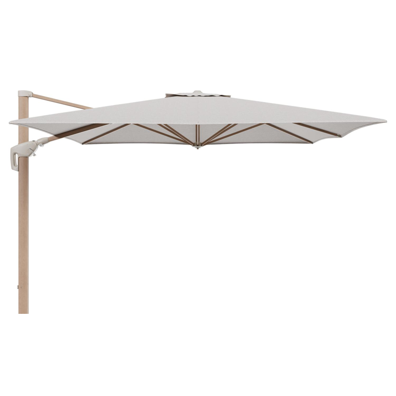 Minore zweefparasol met tiltfunctie in houtlook aluminium en Tundra Sand All Weather Sunbrella® Luxe parasoldoek - L1 350 x L2 350 cm (zonder voet)
