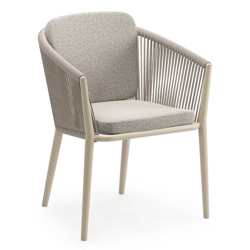 Orso tuinstoel in beige aluminium en beige verticaal geweven ronde rope met zitkussen in All Weather Solica Firenze Sand