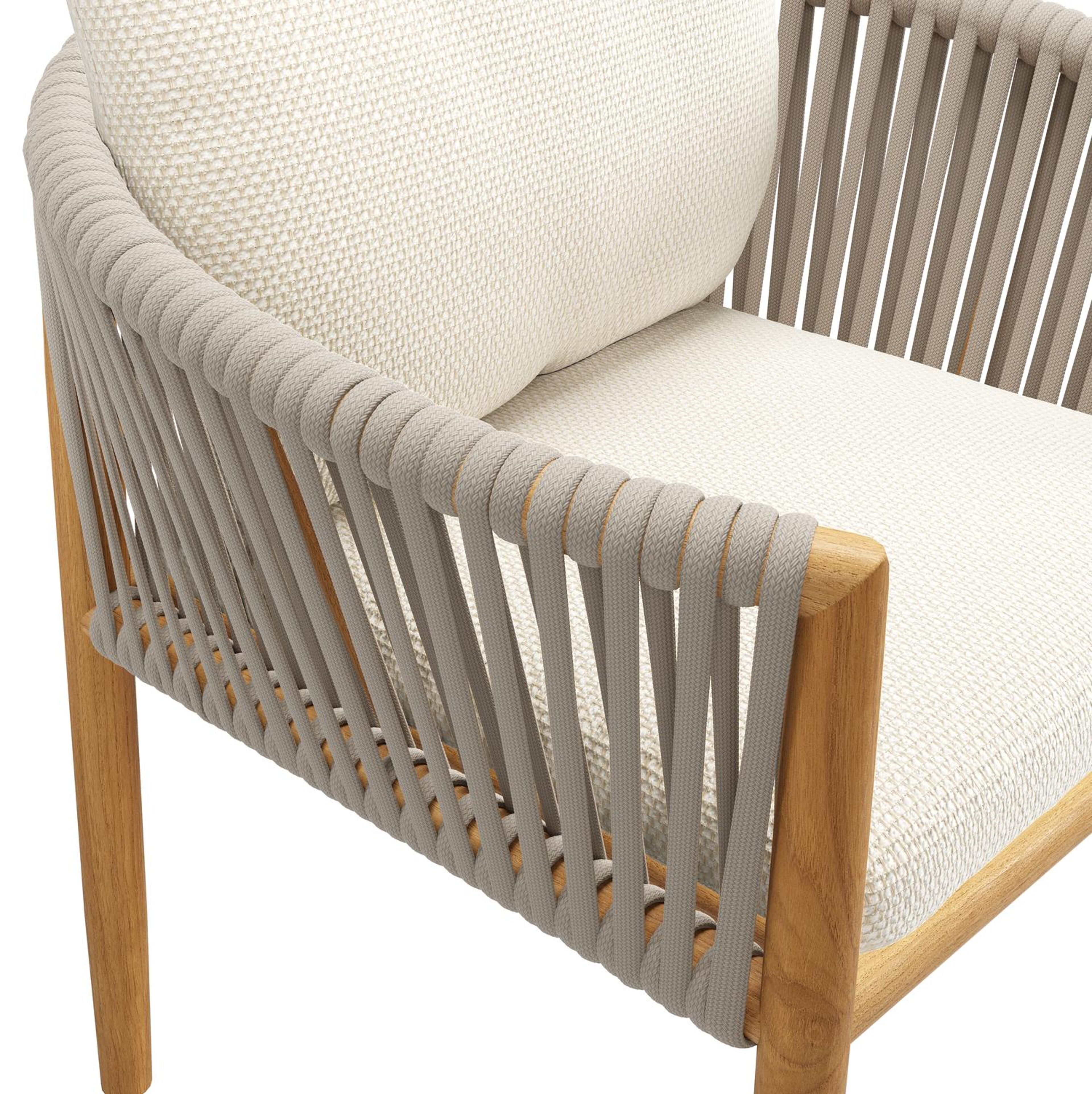 Organo tuinstoel in teak en beige verticaal geweven luxe vlakke rope met zitkussen in All Weather Cosytica Althea Off White