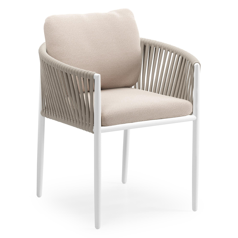 Organo tuinstoel in wit aluminium en beige verticaal geweven luxe vlakke rope met zitkussen in All Weather Sunbrella® Luxe Wander Pilat