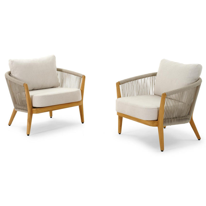 Fauteuil de jardin Orso 2 x 1-pl en teck et corde beige avec coussin en all weather sunbrella® luxe lopi marble