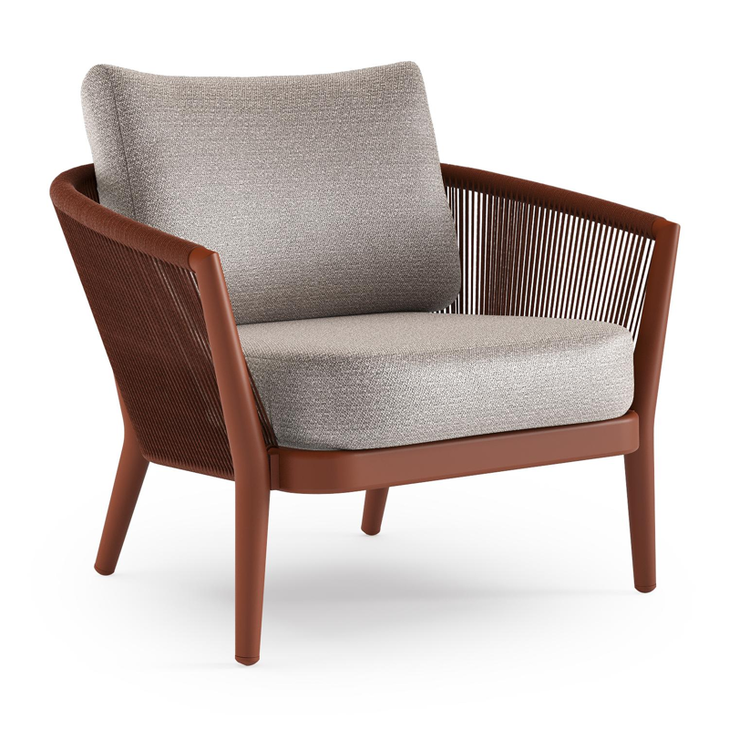 Orso loungestoel in roestbruin aluminium en roestbruin verticaal geweven ronde rope met Wander Granite all weather sunbrella® luxe kussen