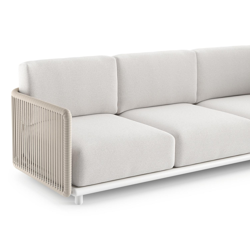 Salon de jardin Organo en aluminium blanc et corde luxe plate tissée verticalement beige et coussin en all weather Solica soul optik