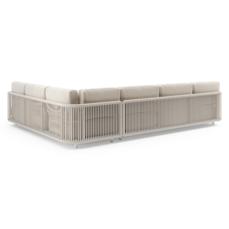 Salon de jardin d'angle Organo en aluminium blanc et corde luxe plate tissée verticalement beige et coussin en all weather Sunbrella® luxe lopi antique