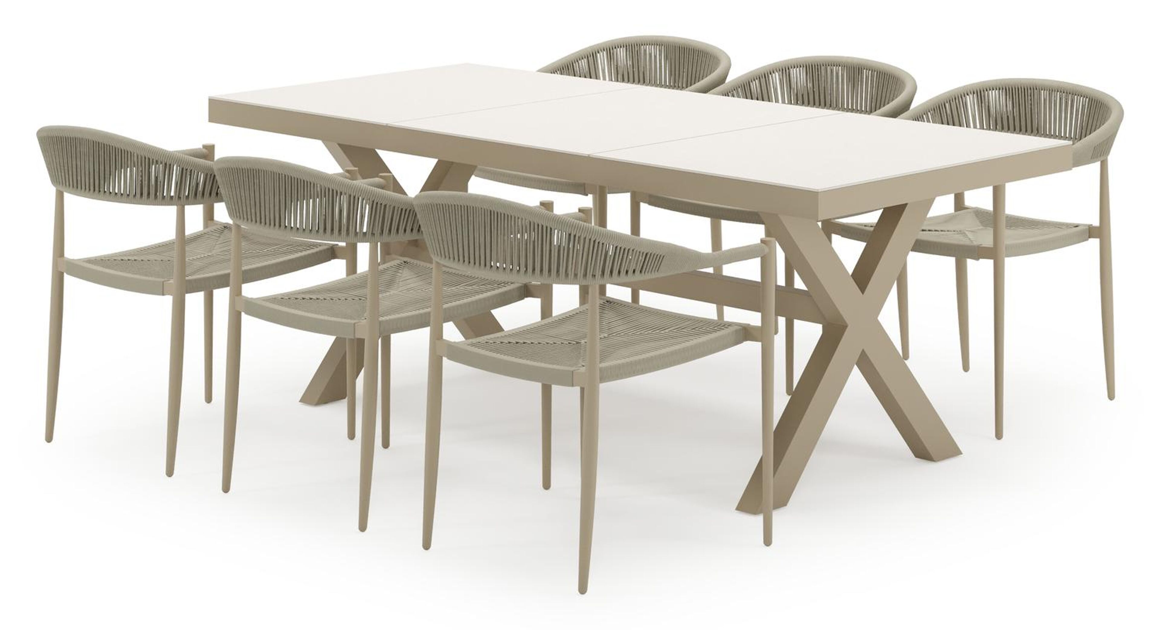 Bahia tuinset in beige aluminium en beige sintered stone met 6 Guarda tuinstoelen