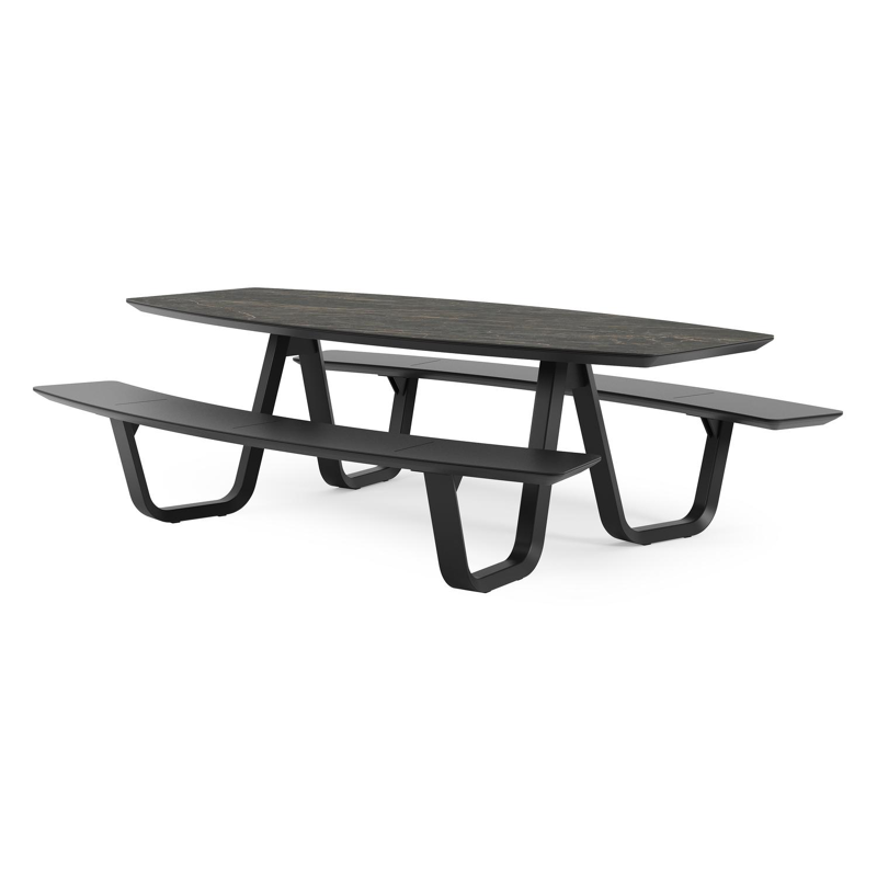 Forno picknicktafel bootvorm in zwart aluminium en volkeramiek black obsession tafelblad - L 240 x B 181 x H 72 cm