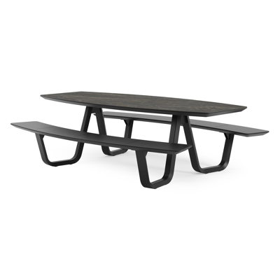 Forno picknicktafel bootvorm in zwart aluminium en volkeramiek black obsession tafelblad - L 240 x B 181 x H 72 cm