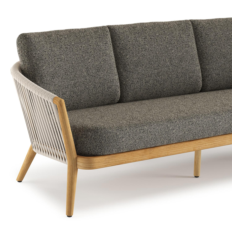 Orso loungebank in teak en beige verticaal geweven luxe vlakke rope met Marbella Tunder all weather cosytica kussen