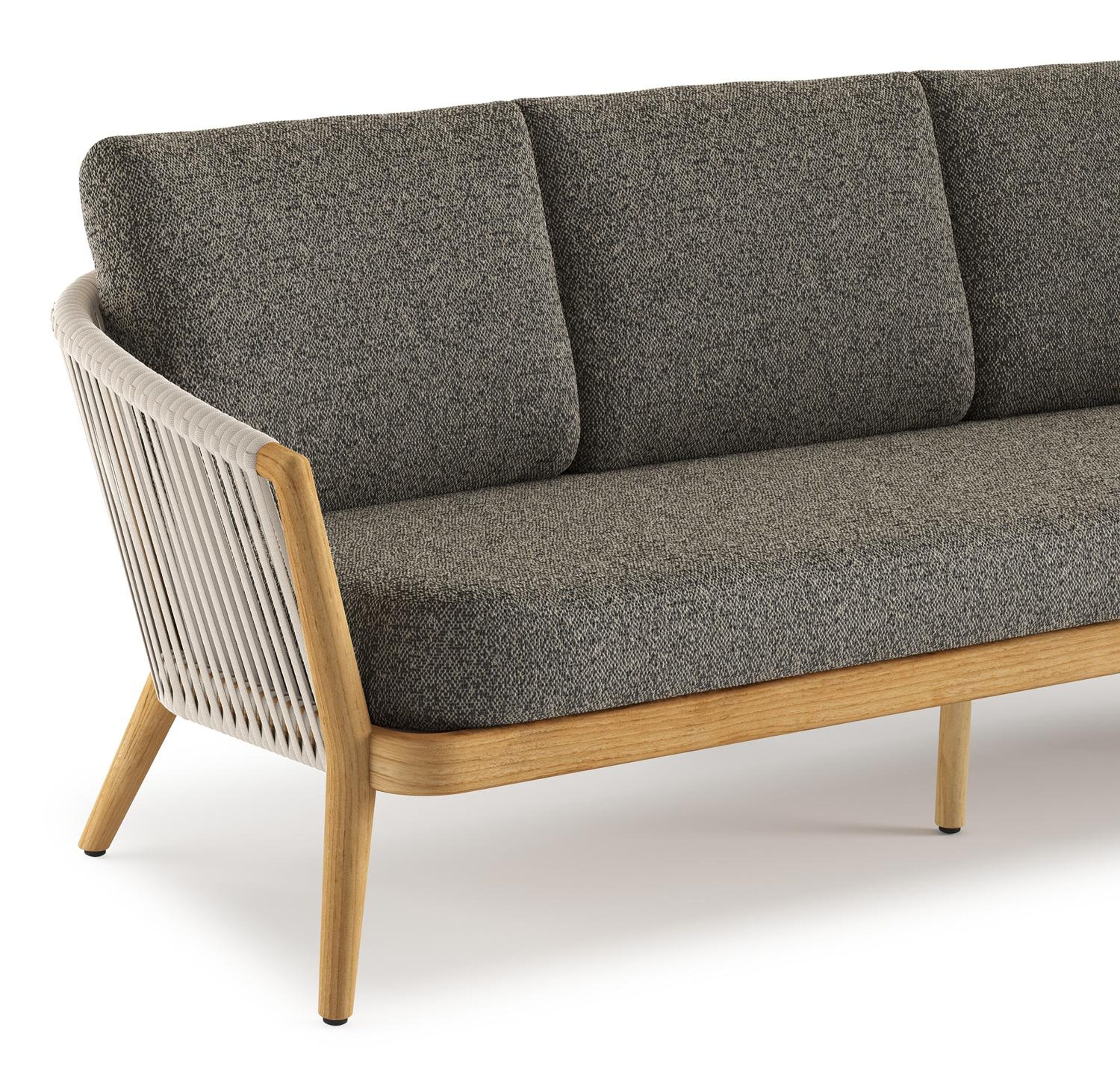 Orso loungebank in teak en beige verticaal geweven luxe vlakke rope met Marbella Tunder all weather cosytica kussen
