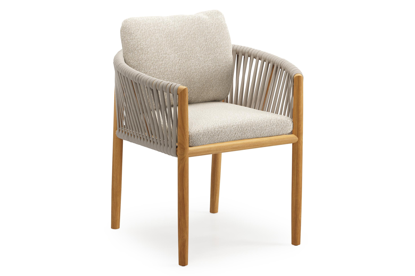 Organo tuinstoel in teak en beige verticaal geweven luxe vlakke rope met zitkussen in All Weather Cosytica Marbella Ecru