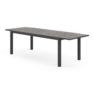 Oviedo tuinset met verlengbare tafel in zwart aluminium en grijs keramische print tafelblad met 8 stapelbare Bahia tuinstoelen