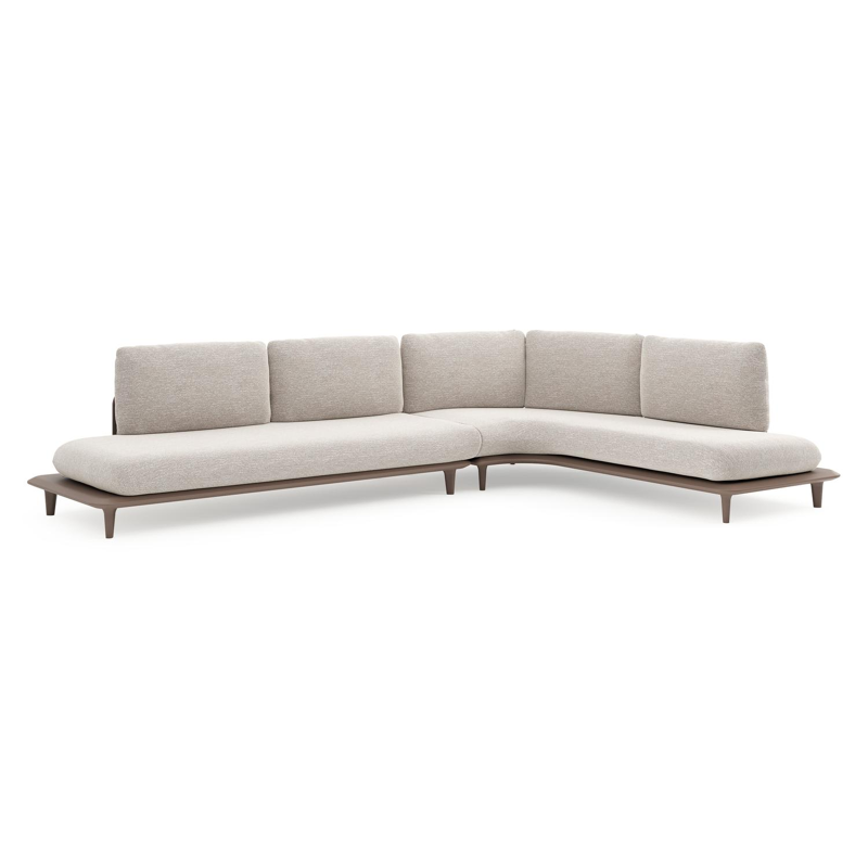 Salon de jardin d'angle Bomero en aluminium taupe et coussins en all weather sunbrella® luxe tundra sand