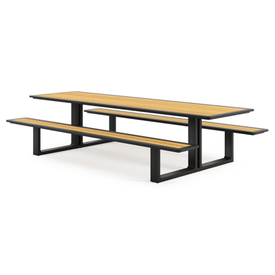 Merano picknicktafel in zwart aluminium en teak tafelblad - L 300 x B 181 x H 73 cm