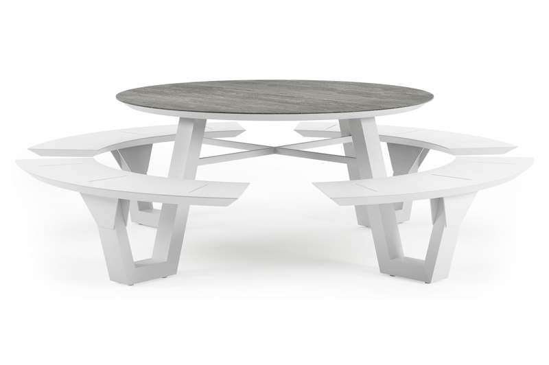 Rondino picknicktafel rond in wit aluminium en volkeramiek Aspen Grey - Dia. 236 x H 71.5 cm