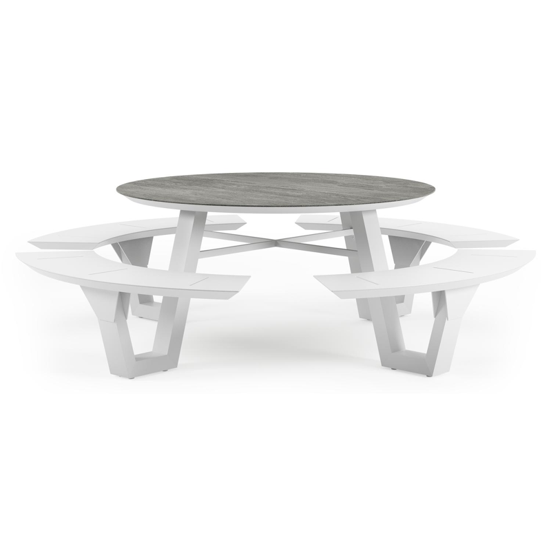 Rondino picknicktafel rond in wit aluminium en volkeramiek Aspen Grey - Dia. 236 x H 71.5 cm