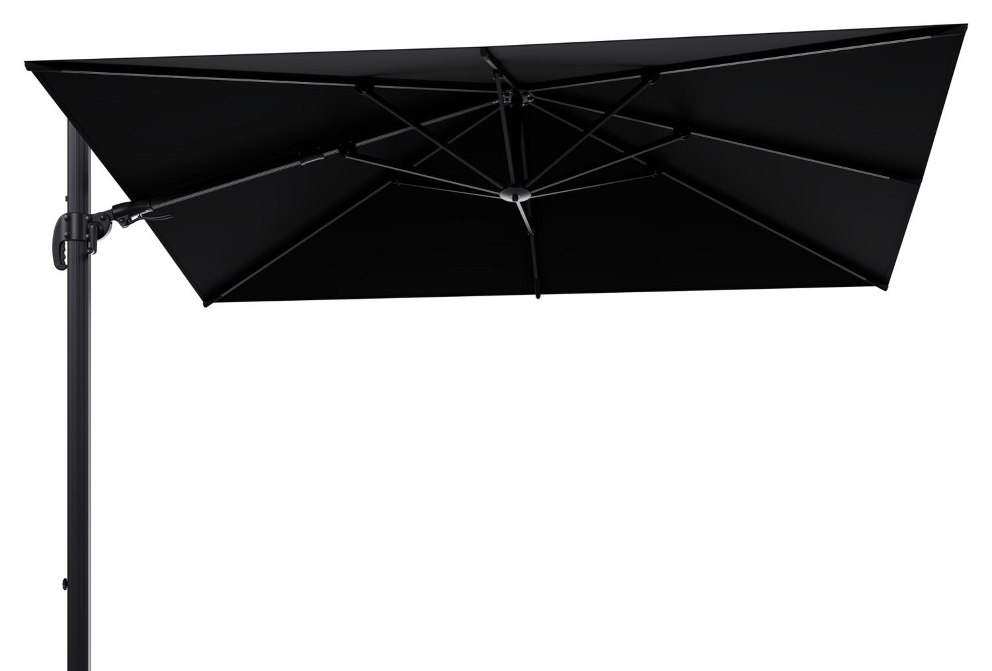 Avola zweefparasol met tiltfunctie in zwart aluminium met zwart sunbrella® premium parasoldoek - L1 200 x L2 300 cm (zonder voet)
