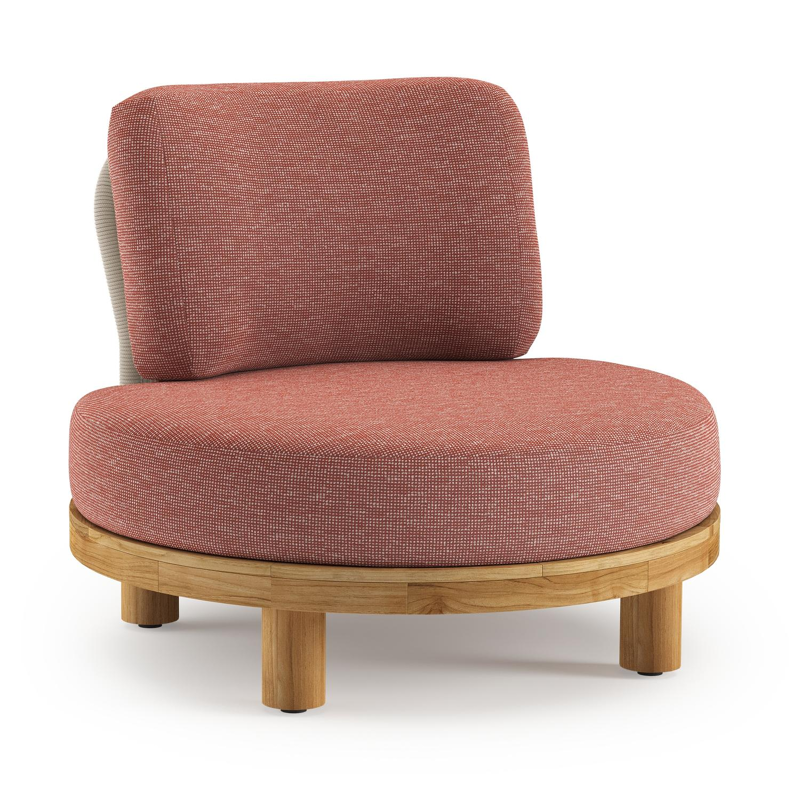 Fauteuil de jardin Donato en teck et corde ronde tissée verticalement beige et coussins en all weather sunbrella® luxe Slow Alezan