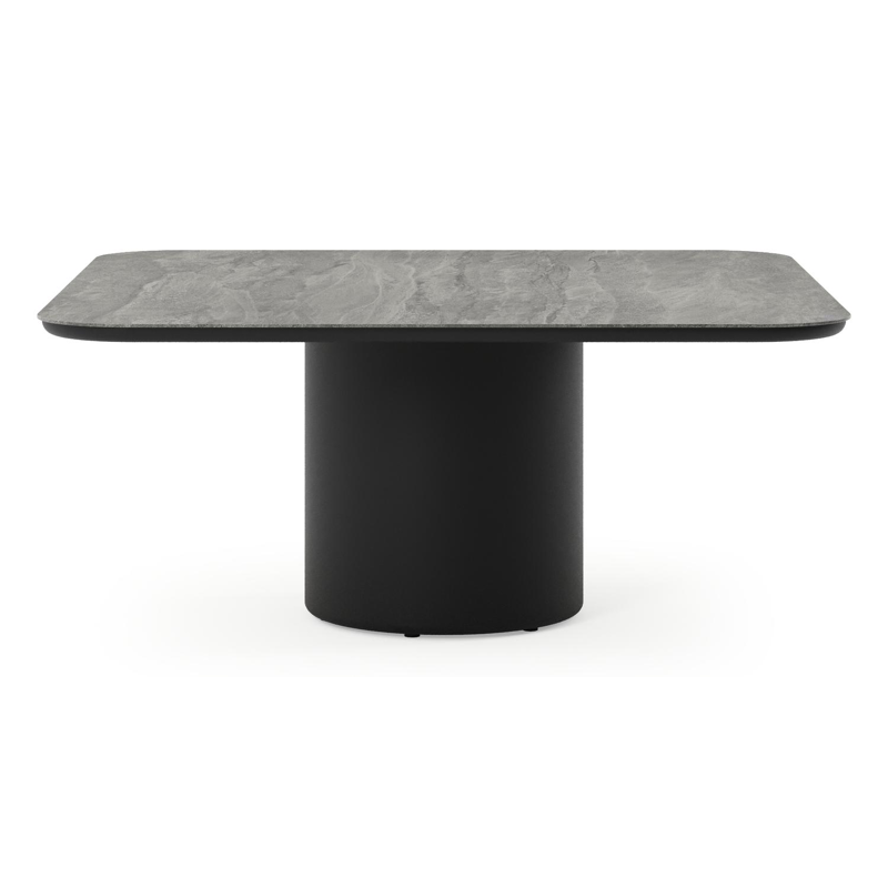 Amico low dining tuintafel afgerond vierkant in zwart aluminium en volkeramiek Aspen Grey - L 148 x B 148 x H 61 cm