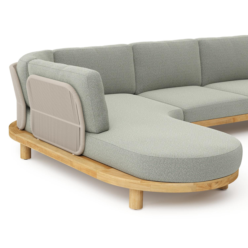 Donato loungehoek in teak en beige verticaal geweven ronde rope met all weather sunbrella® luxe Savane Leaf kussen