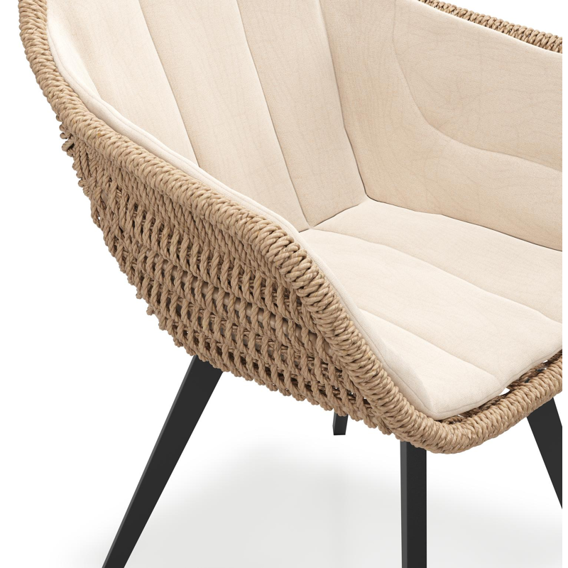 Pagino tuinstoel in zwart aluminium en naturel ronde wicker met zitkussen in All Weather Sunbrella® Luxe Natte Linen Chalk