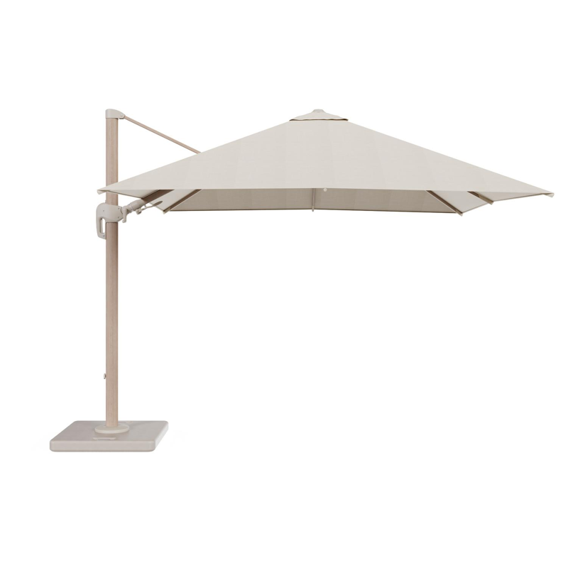 Rufina zweefparasol met tiltfunctie in aluminium houtlook en Sunbrella Premium beige - L1 300 x L2 300 cm met parasolvoet met parasolvoet Lapido 120 kg